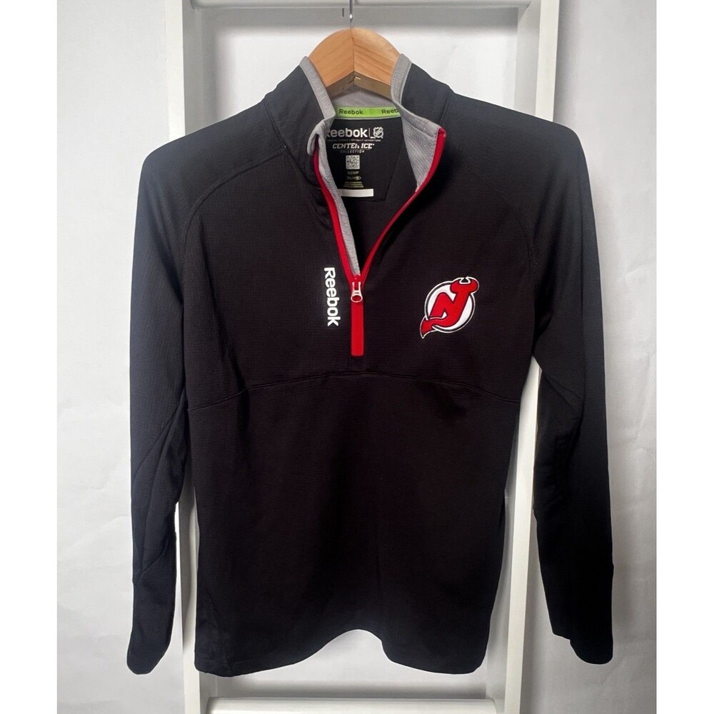 Vintage New Jersey Devils NHL Quarter Zip Mens S Black Red Reebok Authentic